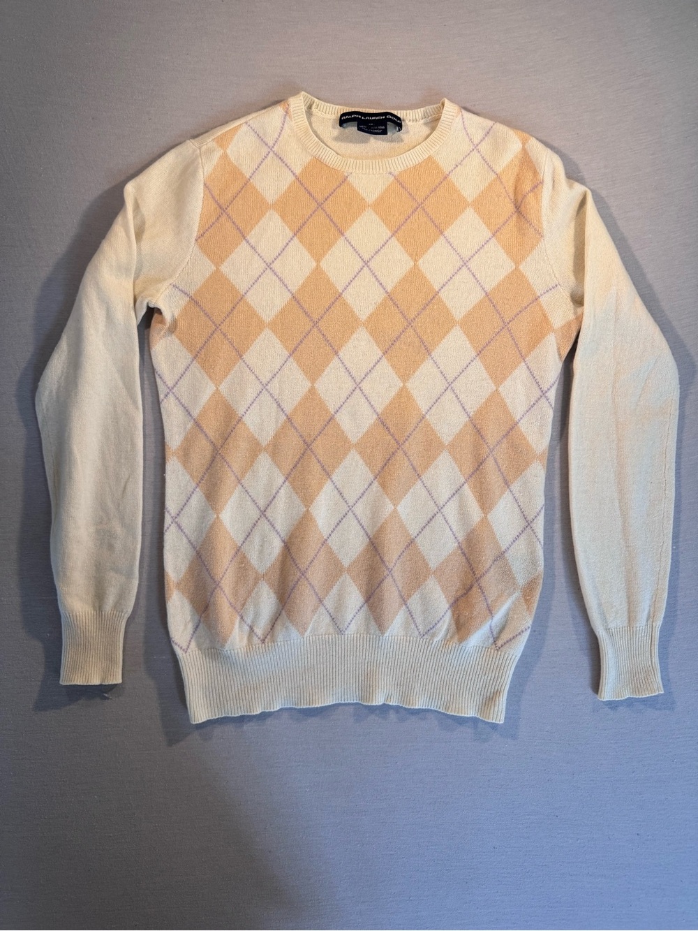 Vintage Ralph Lauren Golf Cashmere Cotton Argyle Sweater XS Cream
